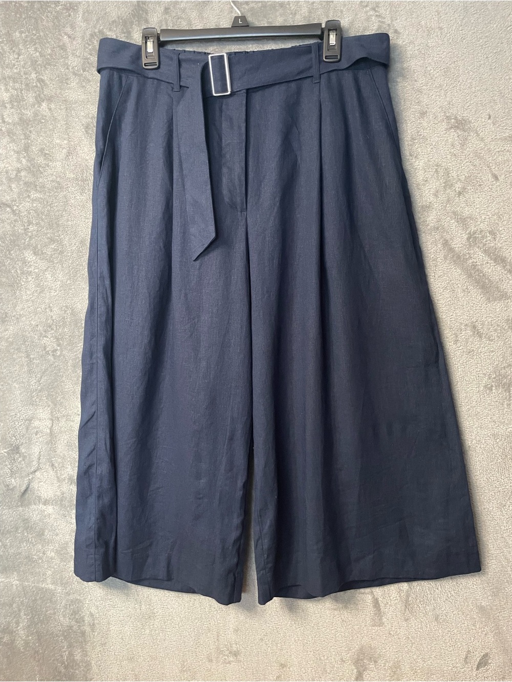 High-Rise Navy Belted Cropped Linen Blend Wide-Leg Pants L
